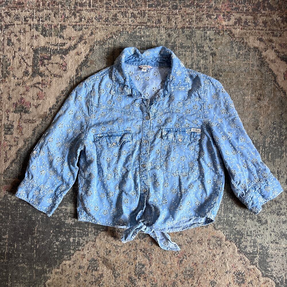Guess Chambray Eyelet Tie Front Shirt Blue Western Floral Embroidered Top M